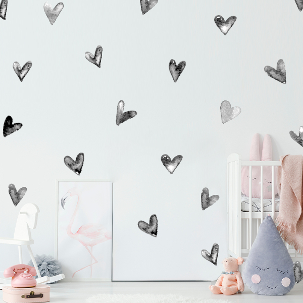 Wall Sticker Set - Water Color Black Hearts