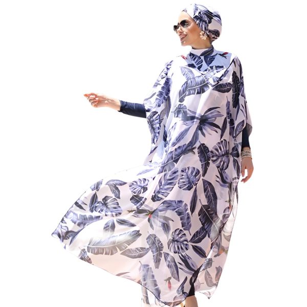 3Pc Burkini Set + Chiffon Dress • Spandex Lycra Fabric • White/Blue