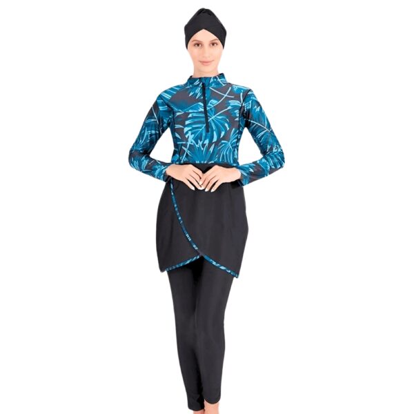 3Pc Burkini Set • Spandex Lycra Fabric • Blue Leaf Prints